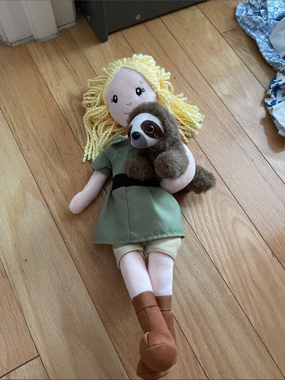 Plush Girl Doll with gibbon Toy - Green Dress, Blonde Hair